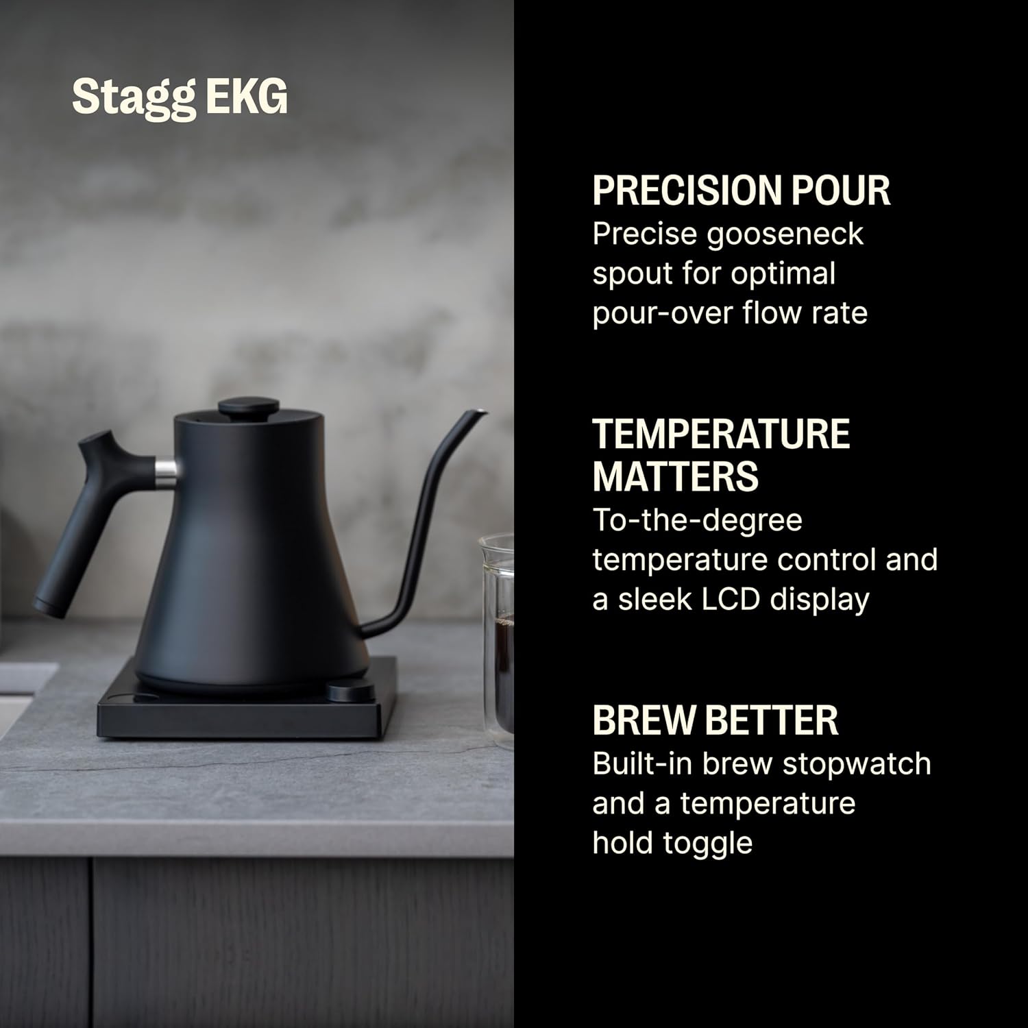 Fellow Stagg EKG Electric Gooseneck Kettle - Pour-Over Coffee and Tea Kettle - Stainless Steel Water Boiler - Quick Heating for Boiling Water - Matte Black