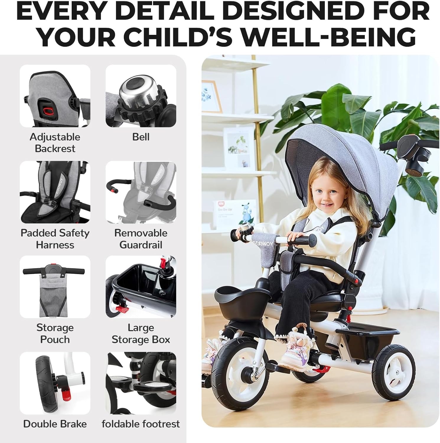 EOOWOY Toddler Tricycle with Push Handle, 7 in 1 Stroller Trike with 360° Swivel Seat, Reclining Backrest, All-Terrain Wheels, Dual Brakes, Canopy & Storage, Gift for Kids 18 Months to 5 Years, Gray