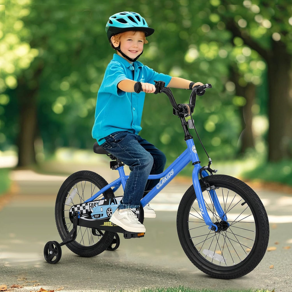 Olakids Kids Bike, 12 14 16 18 Inch Racing Car Themed Toddlers Bike with Training Wheels Adjustable Seat and Handlebar Coaster Brake and Handbrake, Children Bicycle for Boys Girls