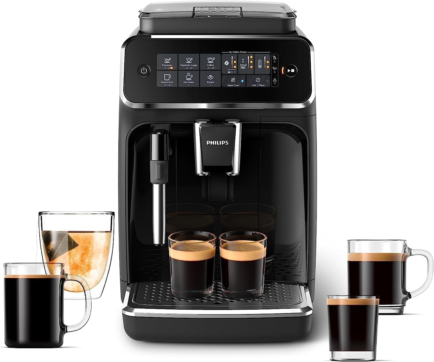 Philips 3200 Series Fully Automatic Espresso Machine, Classic Milk Frother, 4 Coffee Varieties, Intuitive Touch Display, 100% Ceramic Grinder, AquaClean Filter, Aroma Seal, Black (EP3221/44)