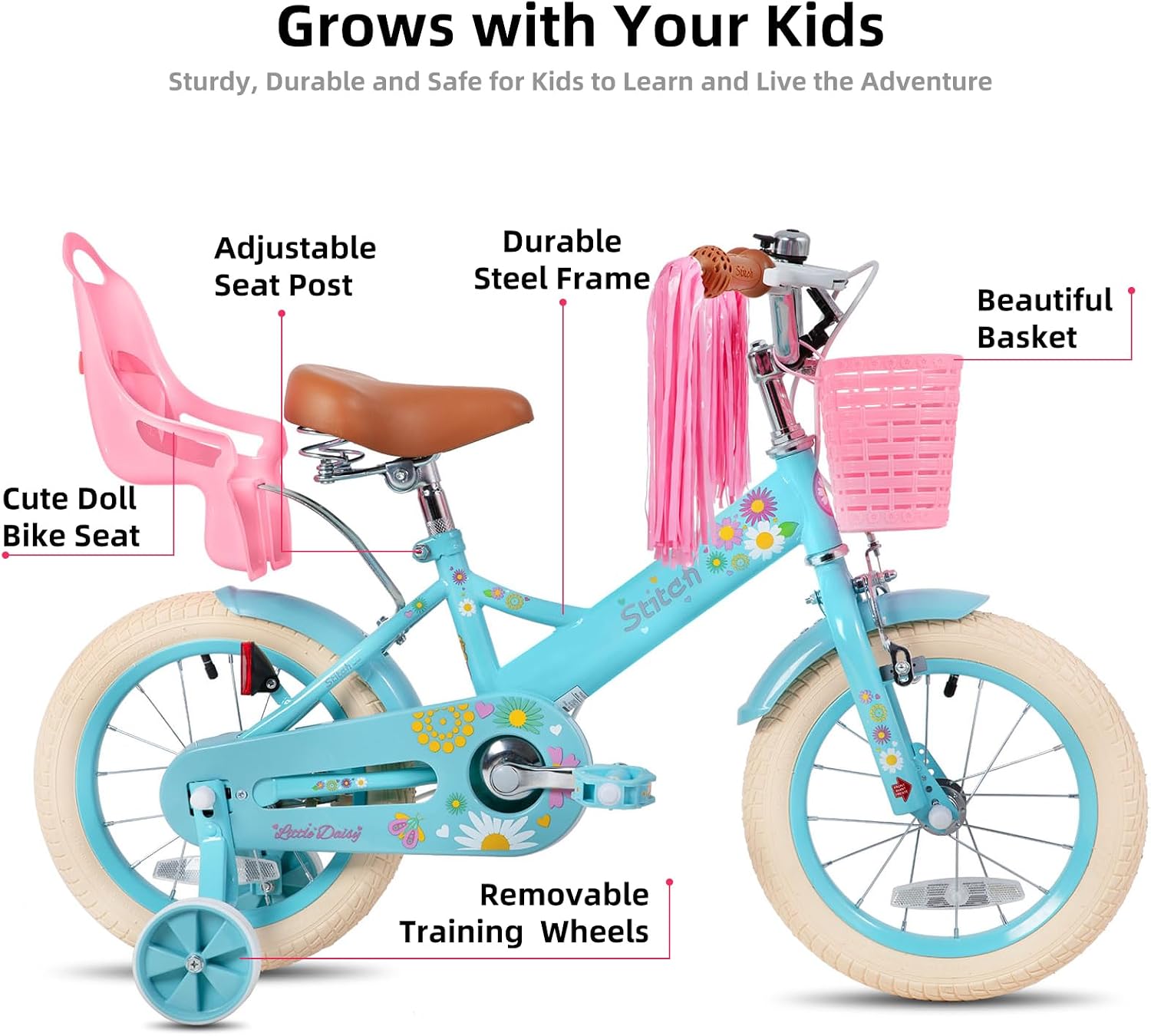 JOYSTAR Little Daisy Kids Bike for Girls Boys Ages 2-7 Years, 12 14 16 Inch Girls Bikes with Doll Bike Seat & Streamers, Boys Bike with Flag & Number Plate, Multiple Colors