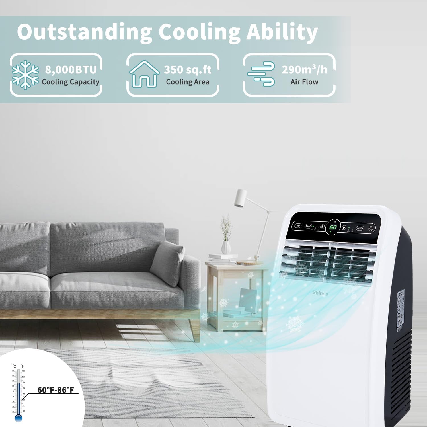 Shinco 8,000 BTU Portable Air Conditioner, Portable AC Unit with Built-in Cool, Dehumidifier & Fan Modes for Room up to 200 sq.ft, Room Air Conditioner with Remote Control, Installation Kit
