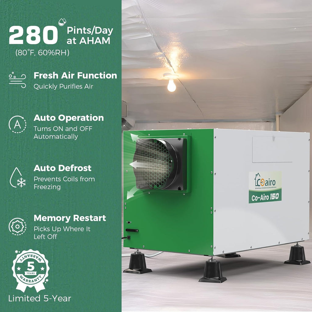 Whole House Dehumidifier with Controller, 280 Pint with Fresh Air Function, Crawl Space Dehumidifier with Drain Hose Up to 3500 sq. ft. for Grow Tent, Whole House, Commercial, Basement