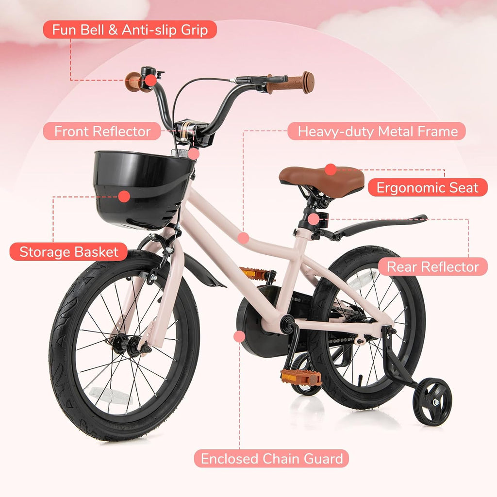 BABY JOY Kids Bike, 12' 14' 16' 18' Tank Bear DIY Children's Bicycle with Training Wheels, Storage Basket, Adjustable Handlebar & Seat, Handbrake & Coaster Brake, Girls Boys Bike