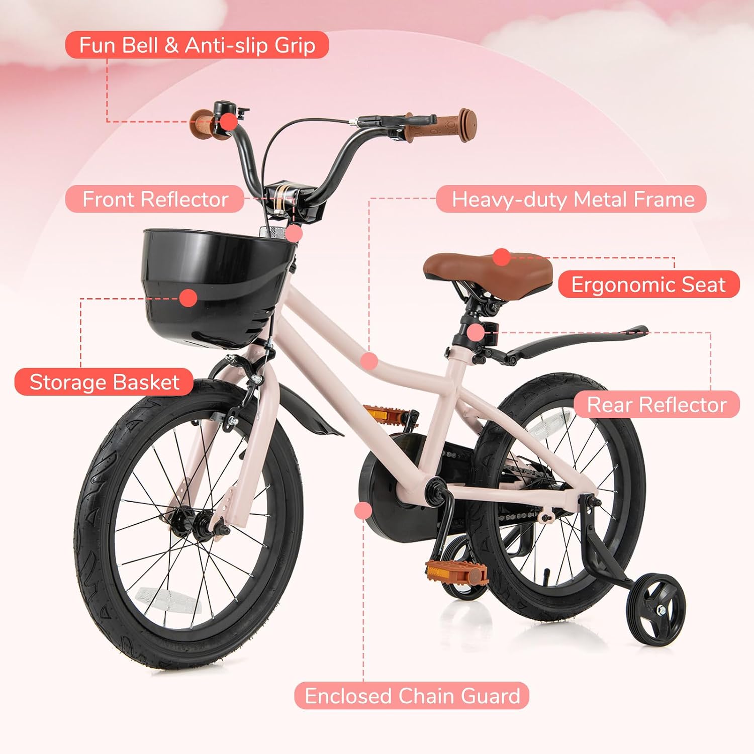 BABY JOY Kids Bike, 12' 14' 16' 18' Tank Bear DIY Children's Bicycle with Training Wheels, Storage Basket, Adjustable Handlebar & Seat, Handbrake & Coaster Brake, Girls Boys Bike