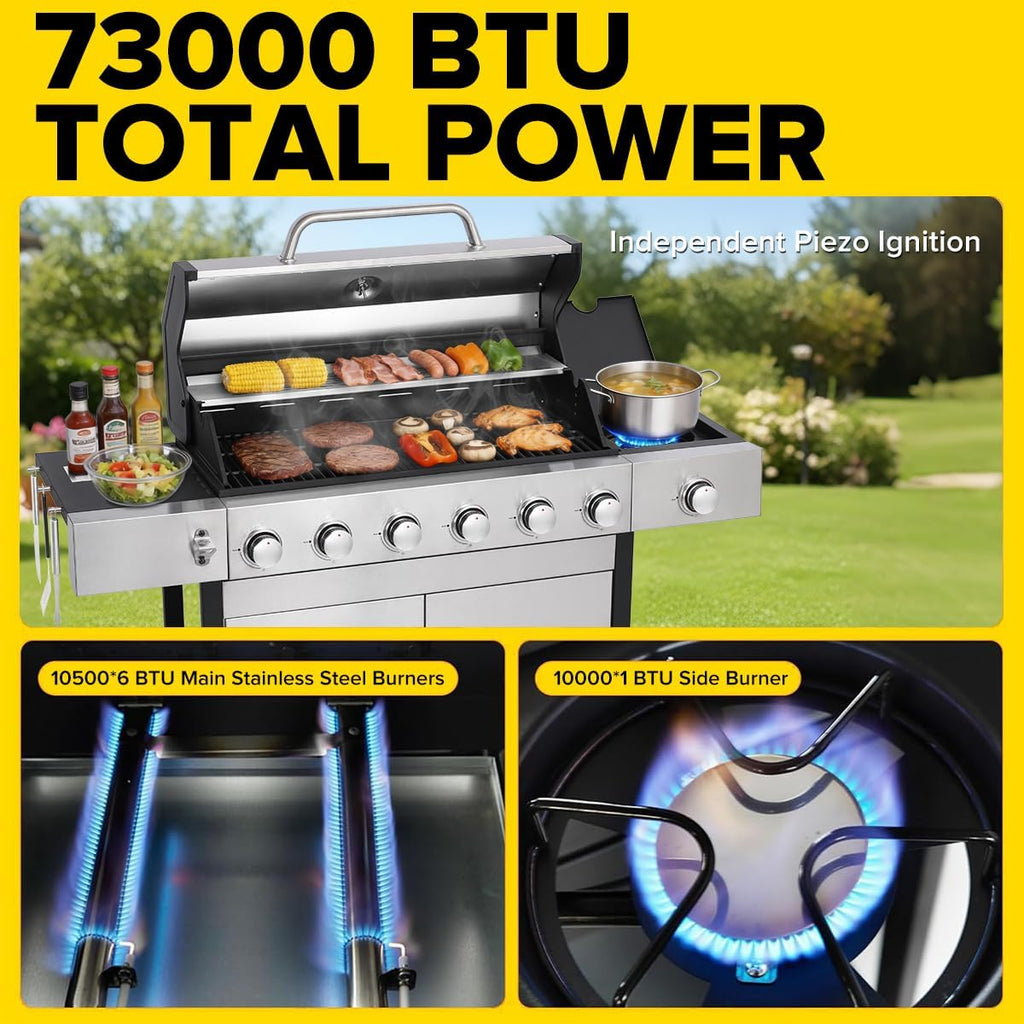 CIG GARDEN 6-Burner Propane Gas Grill with Side Burner & Lid - 73000 BTU Stainless Steel BBQ Grill with Warming Rack for Backyard, Patio, Camping Outdoor Cooking