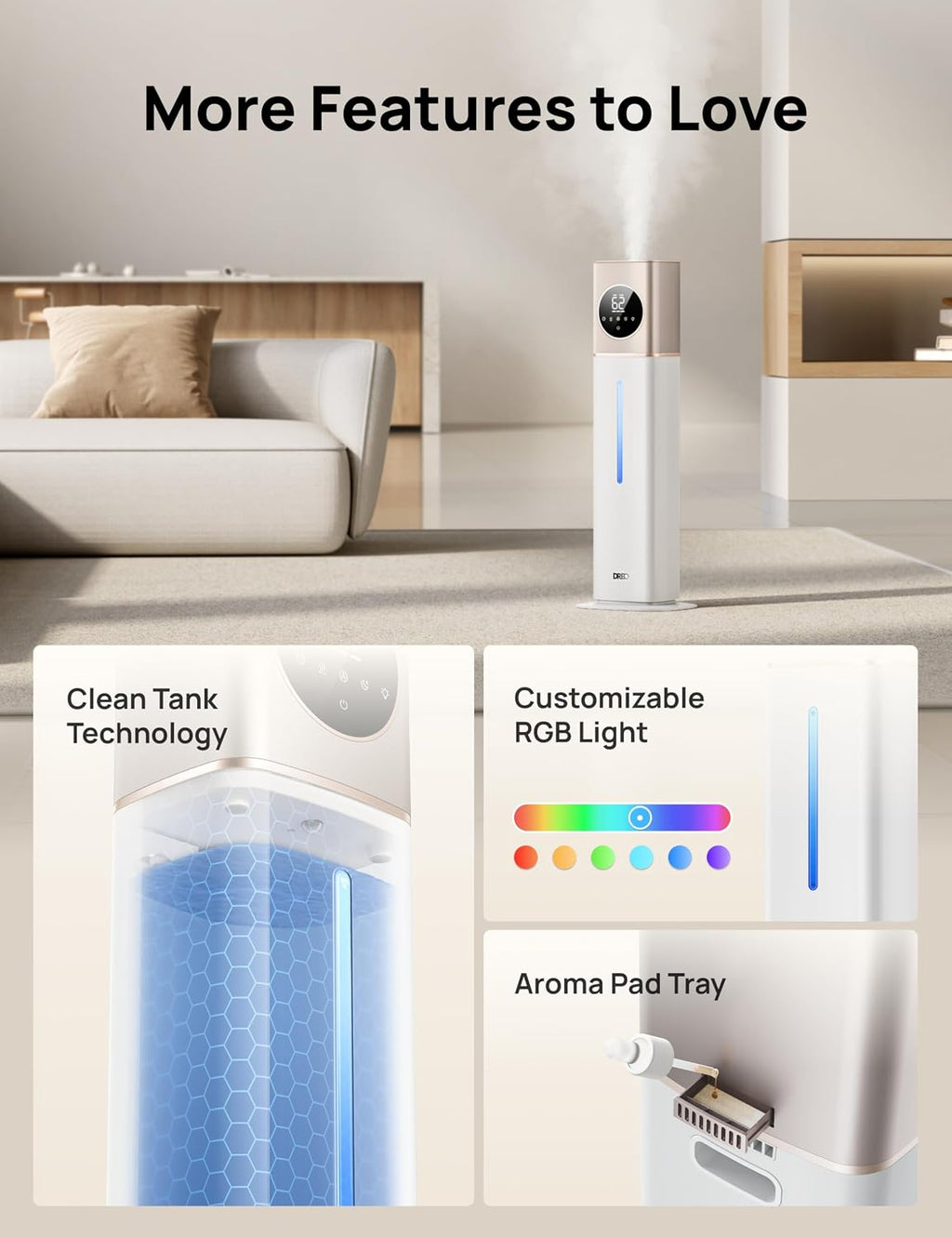 DREO HM735S 11L Smart Humidifier Large Room 700 ft², 100H Cool Mist Air Humidifiers for Bedroom, Top-Fill, Clean Tank Technology, 26dB, Auto Mode, Aroma Box, RGB, Remote & APP Control, Baby, Starlight