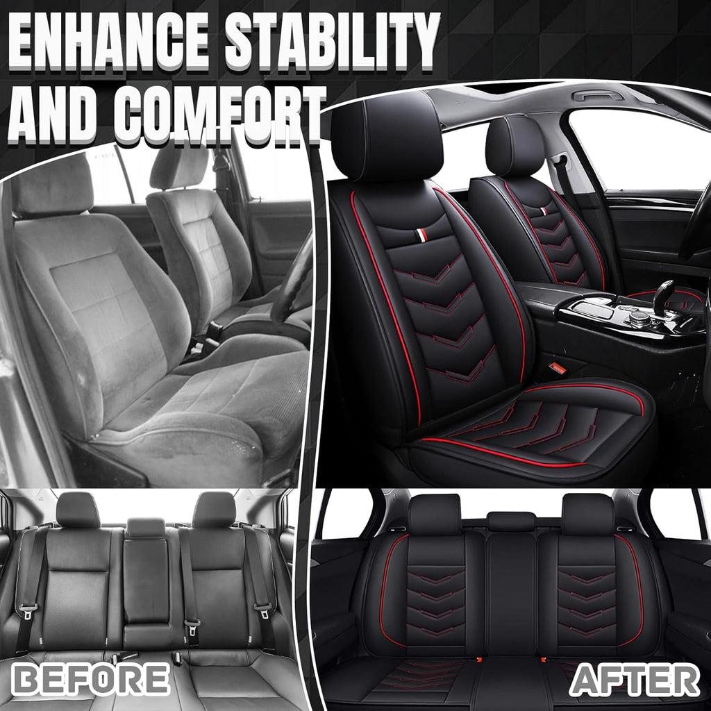 Car Seat Covers 8 Seats for Ford Expedition 2005-2025, Waterproof Durable Leather Vehicle Cushion Covers, Breathable Full Coverage Seat Protector(Standard,Black Red)