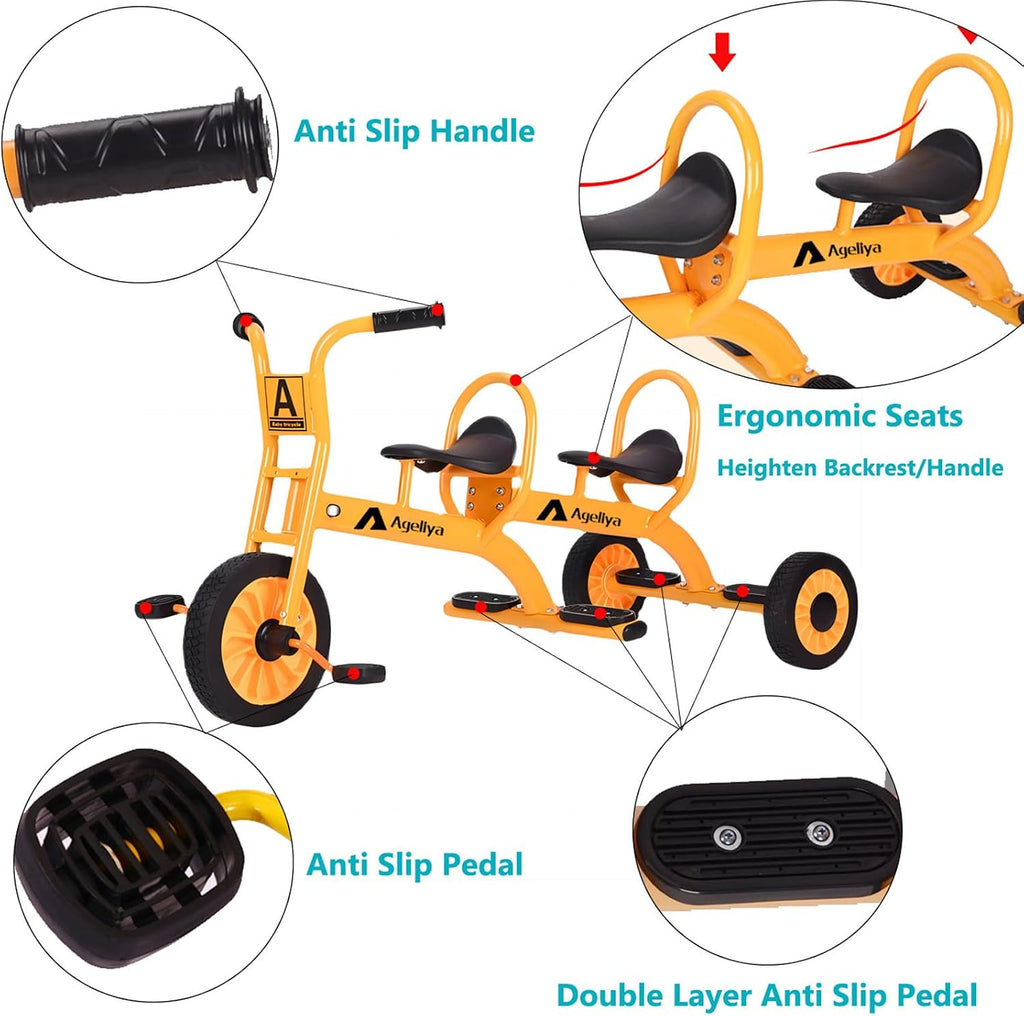 Kids Tricycles for Preschoolers Ages 3+, Ideal Outdoor Playground & Daycare Yard Trike with Passenger Seat, Durable Metal Pedal Kids Tandem Tricycles, Sturdy Carbon Steel Frame, Solid Rubber Tires