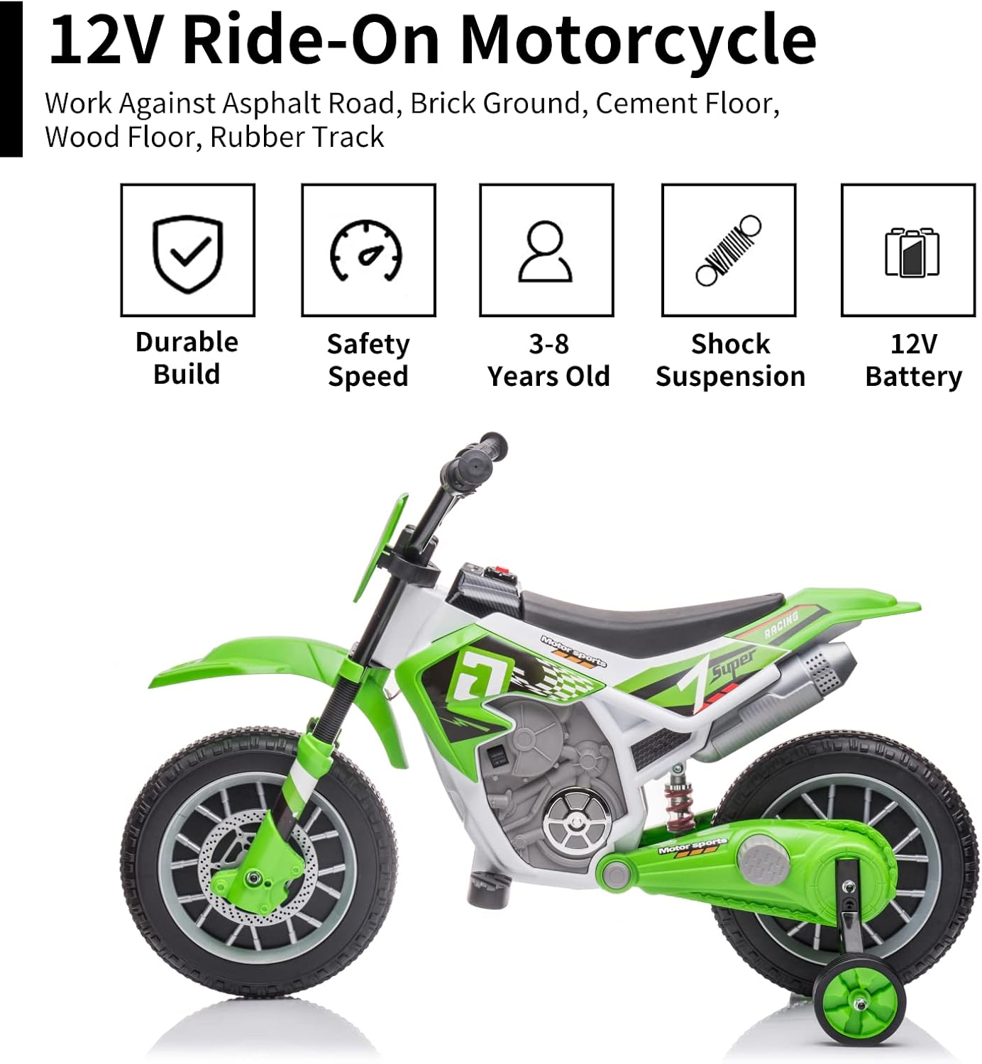 Electric Dirt Bike for Kids 12V Battery Powered Electric Motorcycle for Kids Ride On Toy Rechargeable Electric Motorbike with Training Wheels 2 Speeds Music Shock Absorber, Green