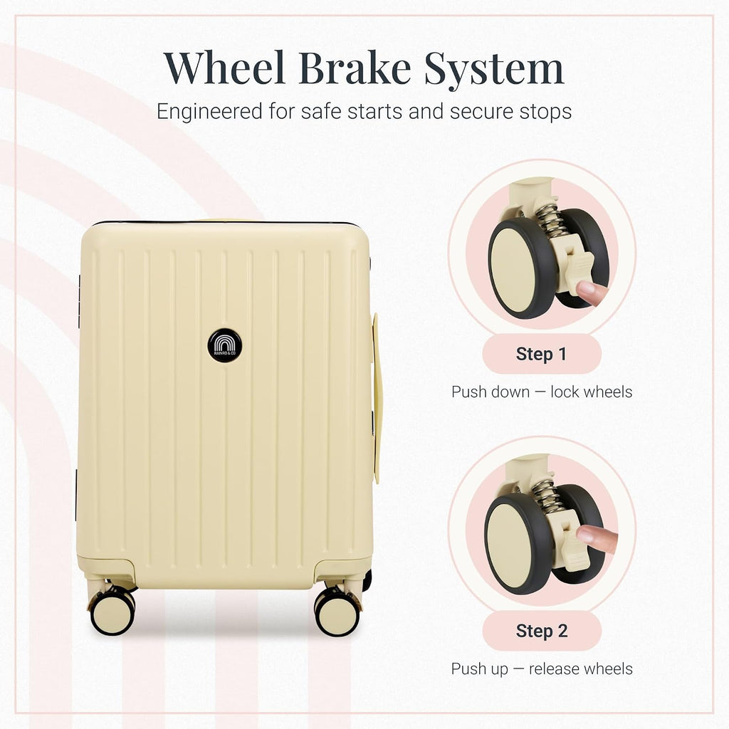 RAINRO & CO Butter Beige 20' Ride-On Suitcase for Kids (Ages 3–5), Carry-On Luggage with Seat, Spinner Wheels, TSA Lock & Lightweight Durable Hardshell