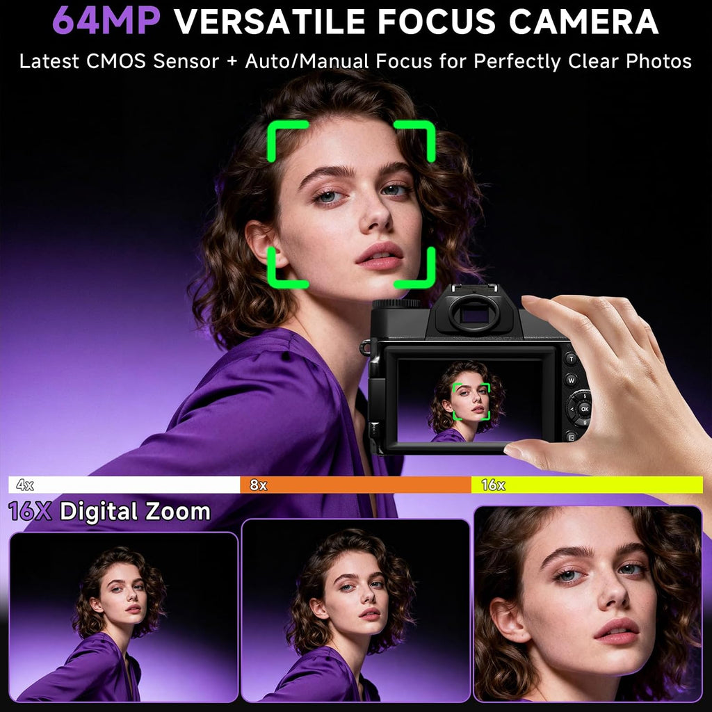 6K Digital Camera for Photography Autofocus, 2026 Upgraded 64MP WiFi Vlogging Camera for YouTube with 3' 180° Flip Screen 16X Zoom, 64GB SD Card & 2 Batteries Compact Travel Camera for Beginners Teens