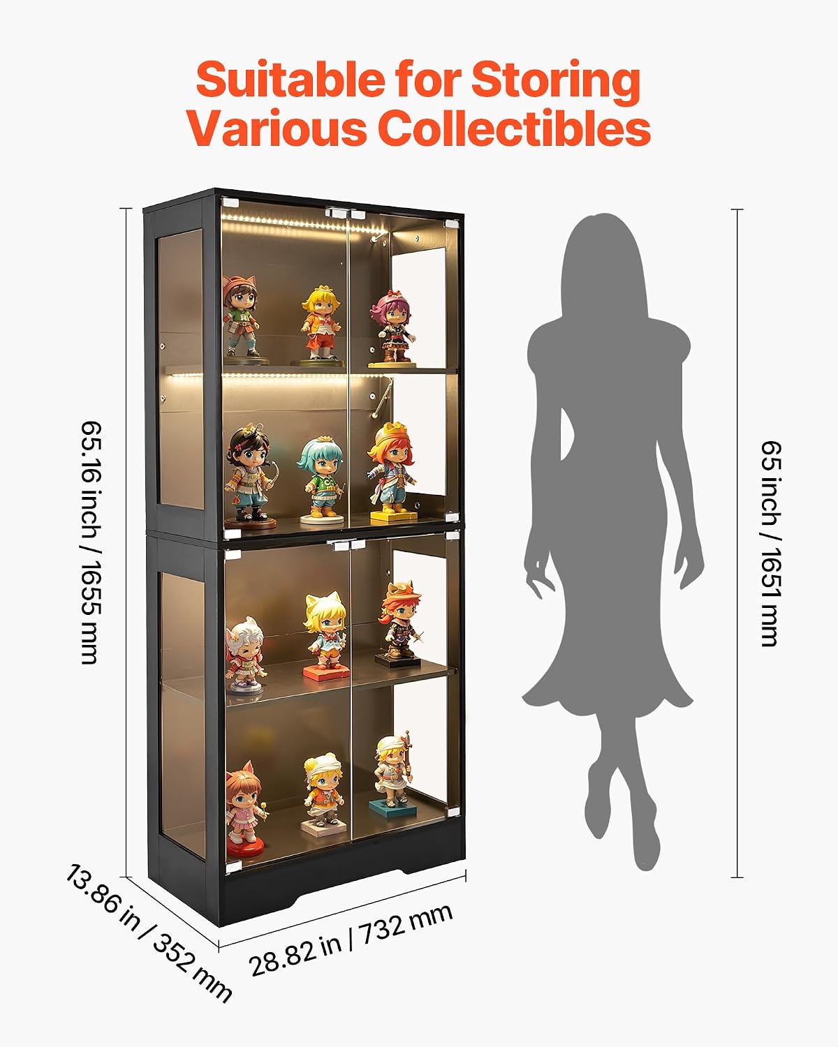 VEVOR Display Cabinet with Glass Doors, 65 in Tall Lighted Display Case with 3 Color Lights, 4-Tier Curio Collectibles Storage Cabinet, Bookshelf Bookcase for Pantry Bedroom Living Room Office