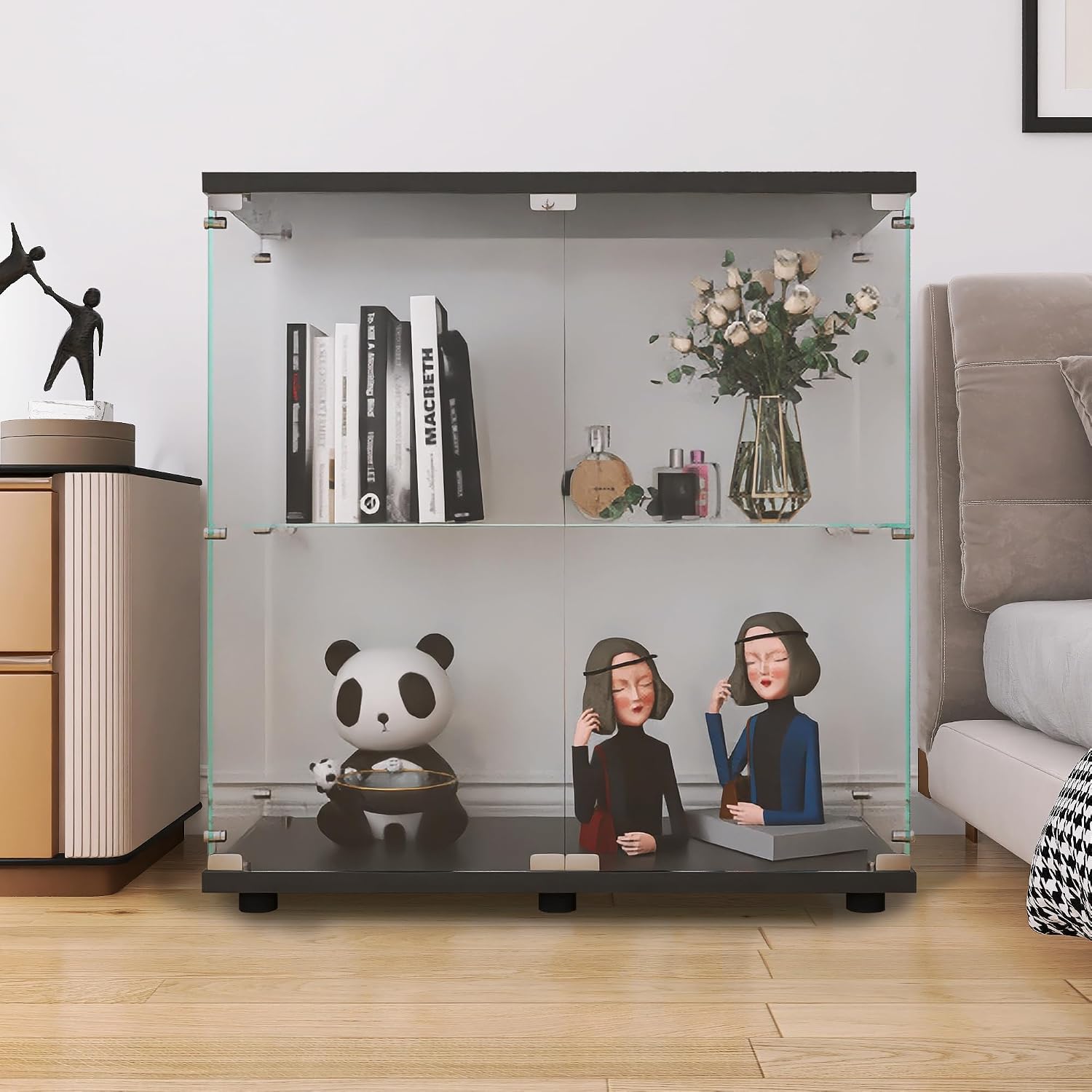 LFT HUIMEI2Y Glass Display Cabinet 2-Shelf with Double Door, Curio Cabinets Fast Installation in 30 Mins, Tempered Glass Floor Standing Bookshelf for Bedroom, Living Room 32.8'x 31.7'x 14.4' Black