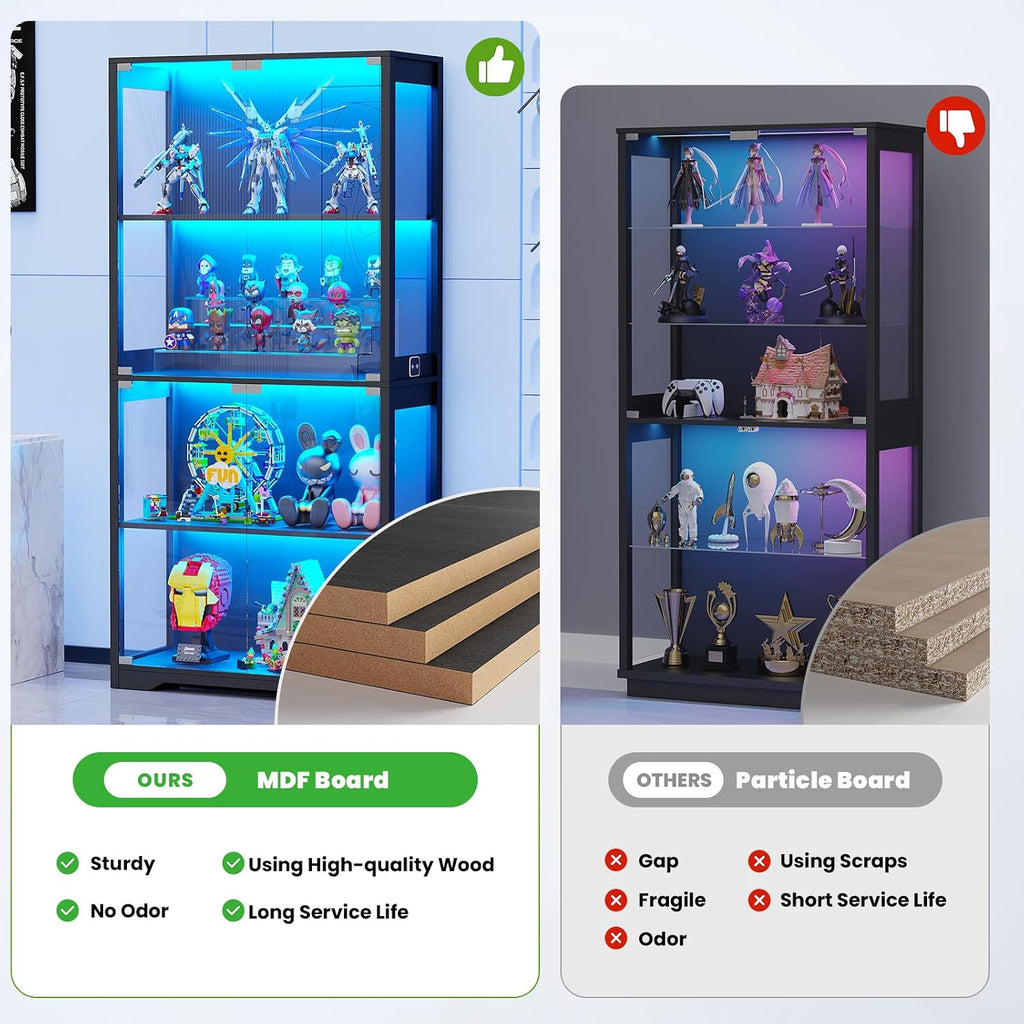 BROTTAR Display Cabinet with Glass Doors, 4-Tier Curio Cabinet with 3 Color Lights for Collectibles, Glass Display Case with Human Body Sensor, Bookcase with 4 Shelves, Storage Cabinets, Black