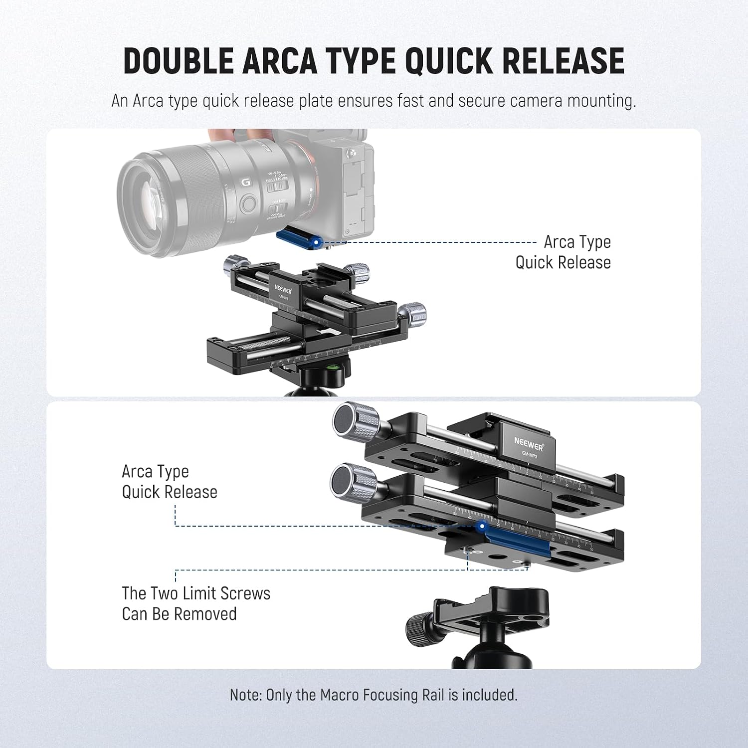 NEEWER Macro Rail Slider, 4 Axis 360° Rotating Aluminum Alloy Focusing Rail with Arca Type Quick Release Plate 1/4' Screw for Camera Camcorder Tripod Heads Macro Photography Closeups Filming, GM-MP3