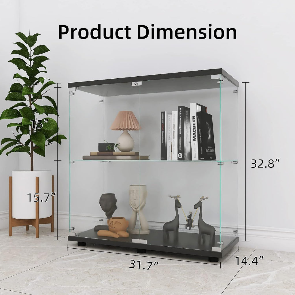LFT HUIMEI2Y Glass Display Cabinet 2-Shelf with Double Door, Curio Cabinets Fast Installation in 30 Mins, Tempered Glass Floor Standing Bookshelf for Bedroom, Living Room 32.8'x 31.7'x 14.4' Black