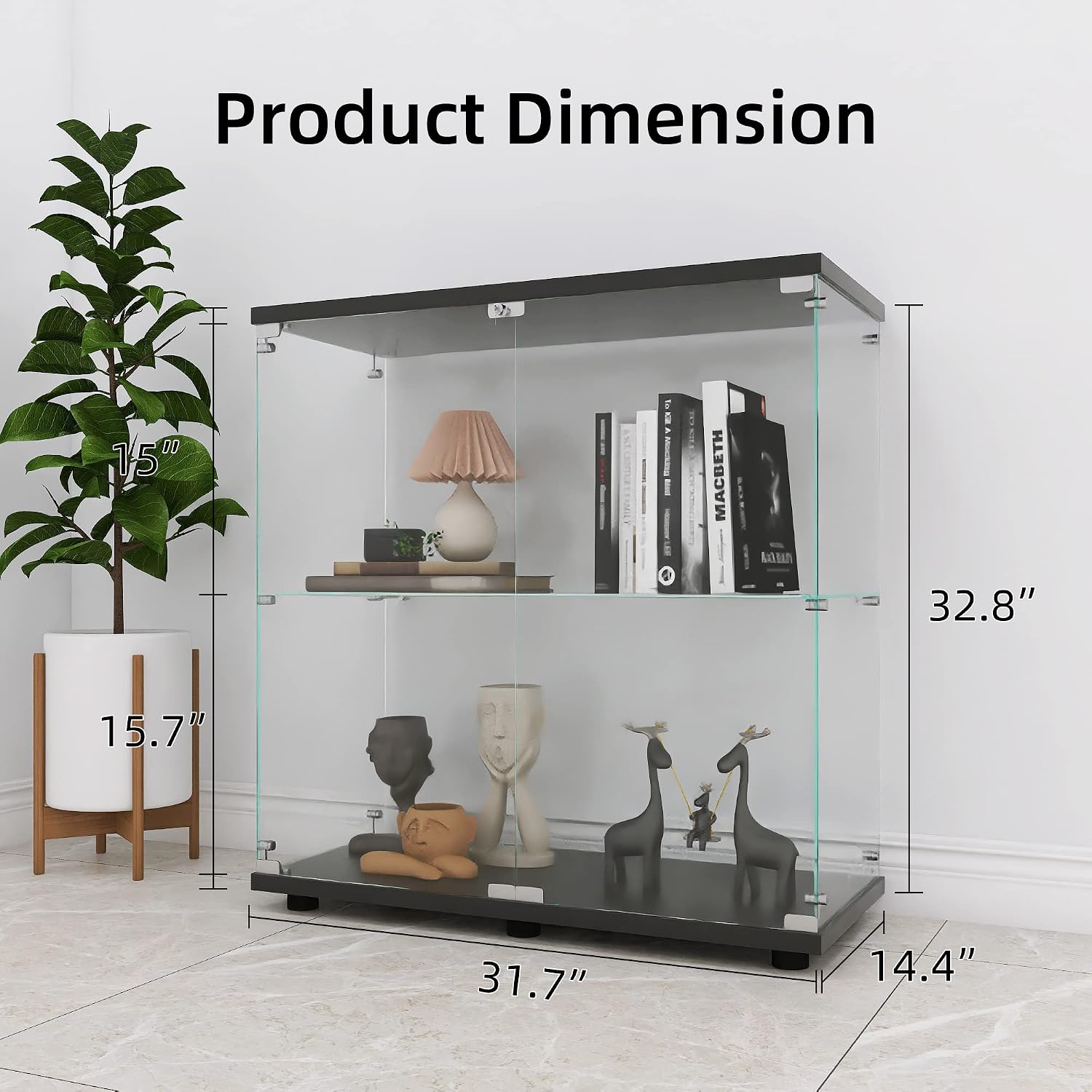 LFT HUIMEI2Y Glass Display Cabinet 2-Shelf with Double Door, Curio Cabinets Fast Installation in 30 Mins, Tempered Glass Floor Standing Bookshelf for Bedroom, Living Room 32.8'x 31.7'x 14.4' Black