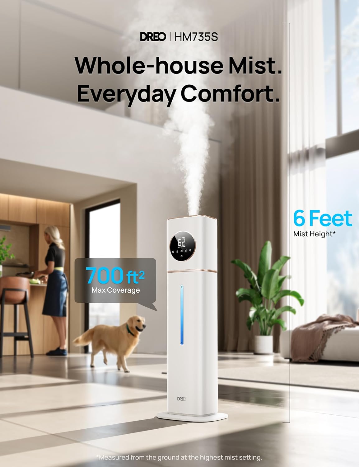 DREO HM735S 11L Smart Humidifier Large Room 700 ft², 100H Cool Mist Air Humidifiers for Bedroom, Top-Fill, Clean Tank Technology, 26dB, Auto Mode, Aroma Box, RGB, Remote & APP Control, Baby, White