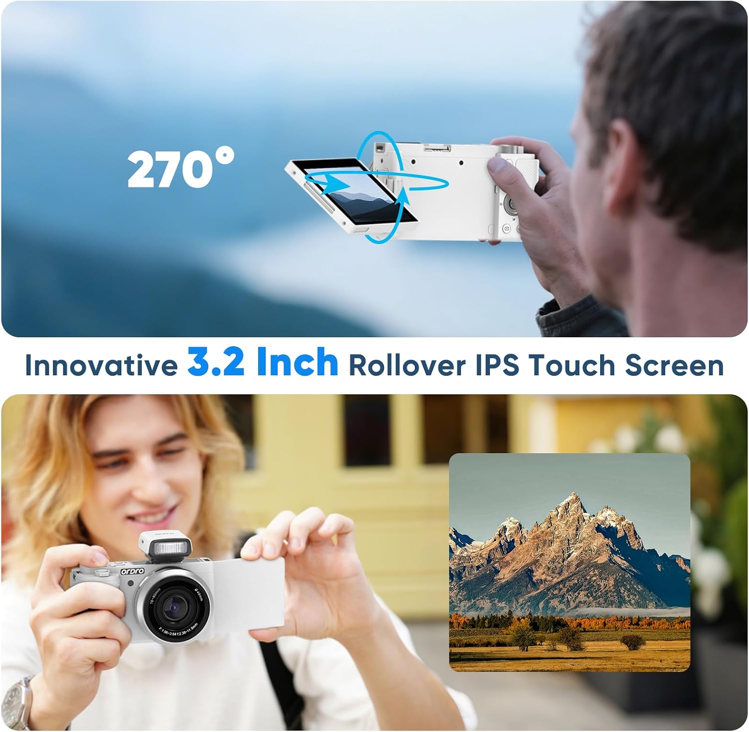 ORDRO 5K Digital Camera for Photography, 16-80 mm Wide Angle Cameras,15X Zoom Camera with 64GB Card, Vlogging Camera for YouTube w/Flip Screen, AutoFocus, WiFi & App Control