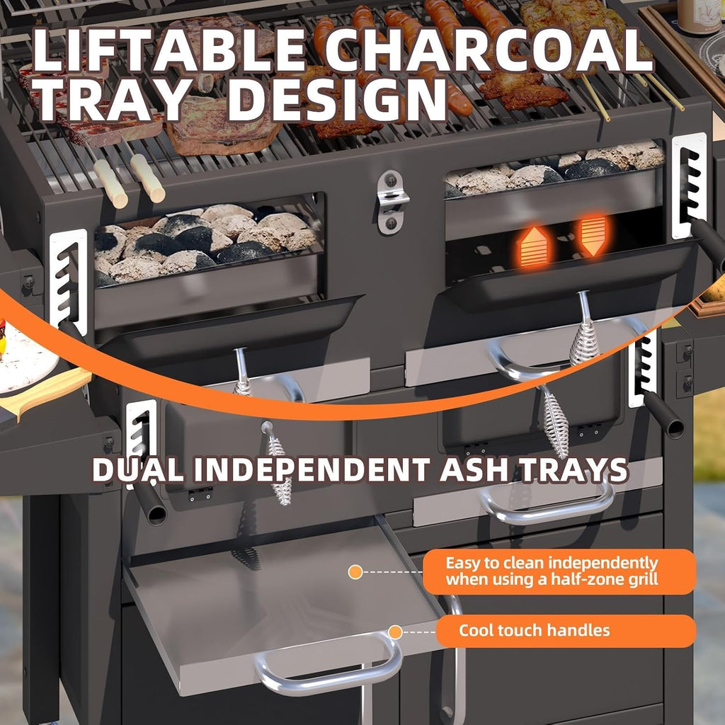 MELLCOM Charcoal Grills, 36 In Large BBQ Grill with Storage Cabinet, 620 Sq.In Oversized BBQ Area, Individual Lifting Charcoal Trays, Foldable Side Tables and Thermometer for Patio, Outdoor, Balcony