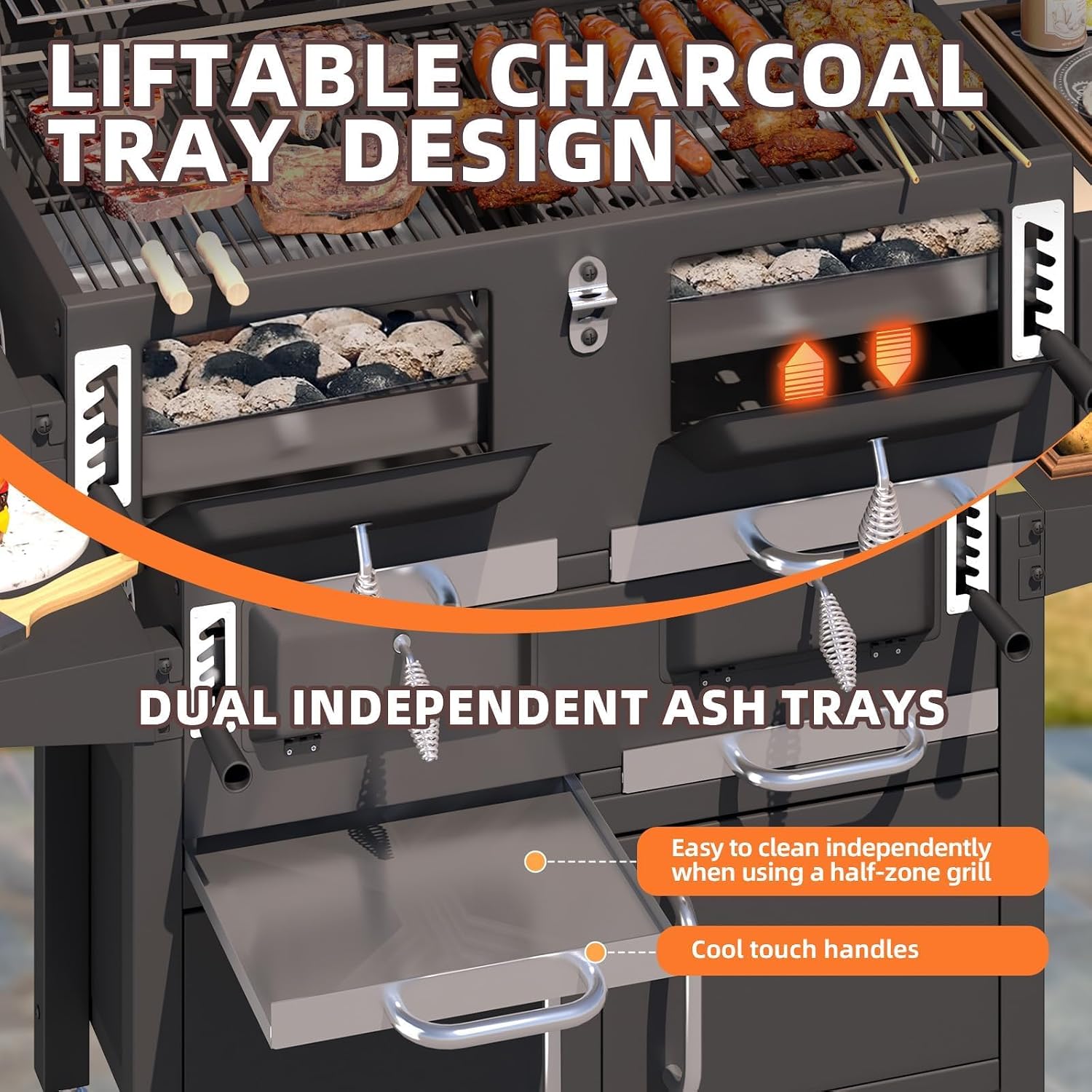 MELLCOM Charcoal Grills, 36 In Large BBQ Grill with Storage Cabinet, 620 Sq.In Oversized BBQ Area, Individual Lifting Charcoal Trays, Foldable Side Tables and Thermometer for Patio, Outdoor, Balcony