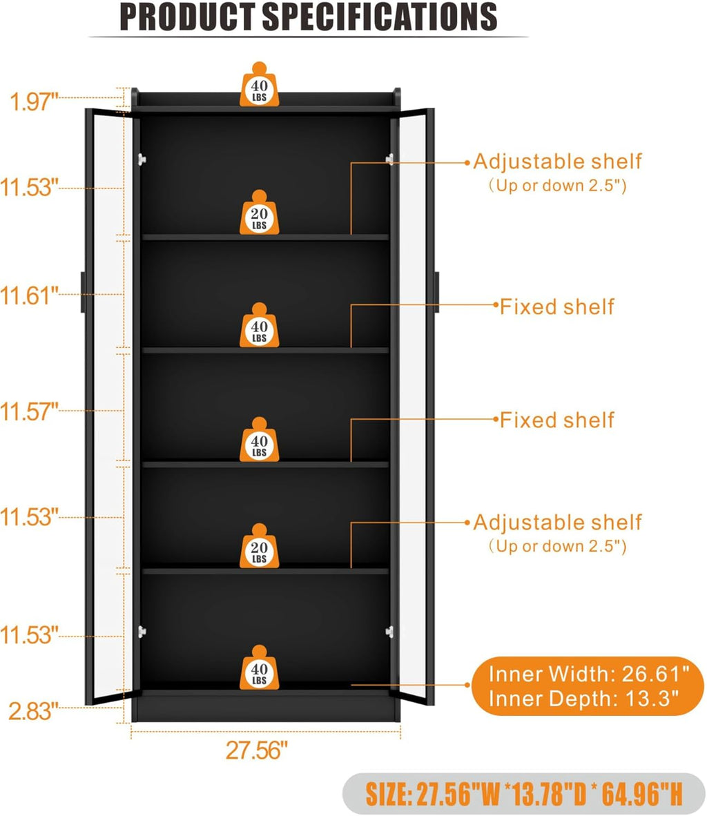 Dystler Display Cabinet with Doors and Adjustable Shelves, 65' Tall Bookcase with LED Lights/Human Sensor, 5 Tier Display Case for Collectibles Bedroom Living Room Office, Black