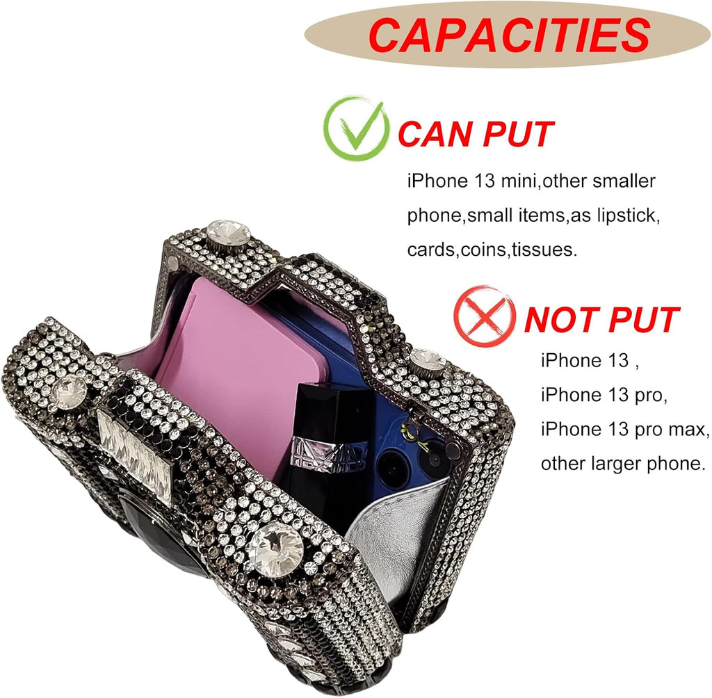 HUANG ZHUANG Cute Camera Shape Crystal Clutch Purse Mini Rhinestone Evening Bag Wedding Handbag Party Women Purse