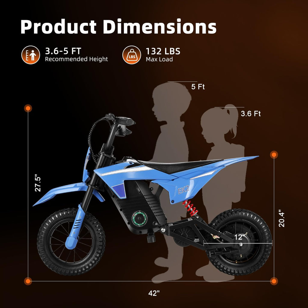 EK2 Kids Electric Dirt Bike, 350W Motor, 15 MPH Max Speed, 36V 5.2Ah Lithium Battery 12 Miles Max Range, Electric Motorcycle for Kids Aged 5-10, Blue