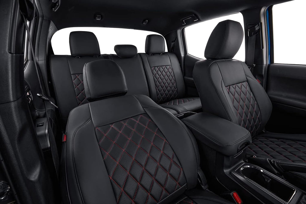 coverdream Custom Front Seat Covers Compatible with Select Toyota Tacoma Double Cab 2016 2017 2018 2019 2020 2021 2022 2023 Models - Leatherette (Red/Black,Full Set)