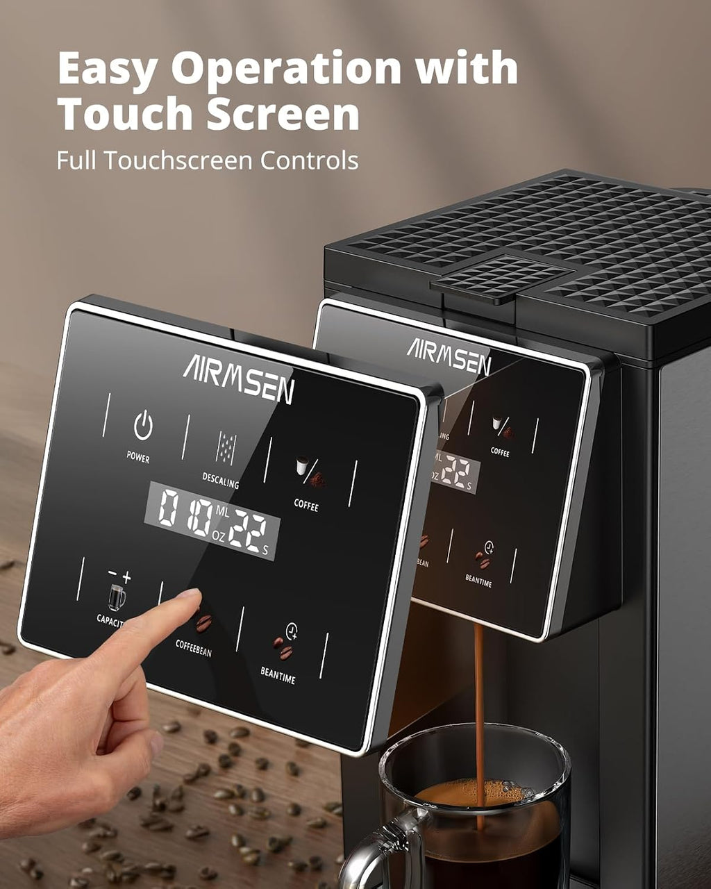 AIRMSEN Grind & Brew Coffee Maker with Built-in Grinder - Single-Serve Machine Compatible with K-Cup Pods & Ground Coffee, 1000W Fast 6-14oz Brew, Descaling Alert, Touchscreen & 50oz Removable Tank