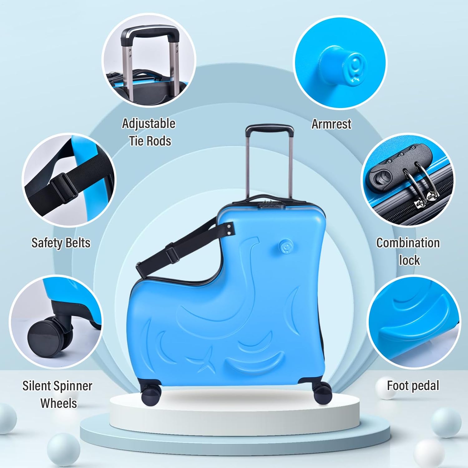 22 Inch Kid's Ride onTravel Suitcase, Rolling Luggage with Wheels Carry Trolley Luggages with Password Lock, Children's Ride On Trolley for Children's Day Gift, Festival Gift (Blue)