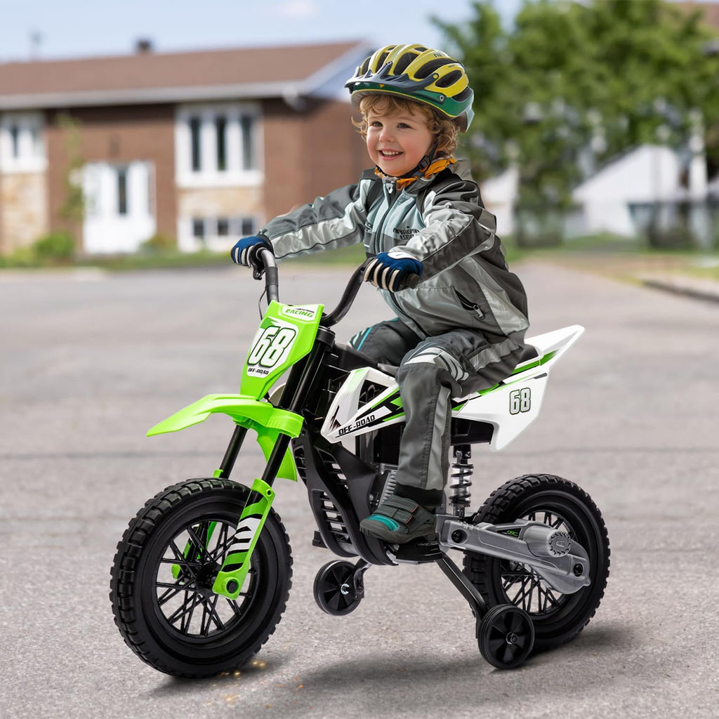 12V Kids Motorcycle w/Treaded Tires, 3.1mph Top Speed, Kids Motorcycle w/Training Wheels, Music, Spring Suspension, Ideal for Toddlers 3-6 Years Old, Green