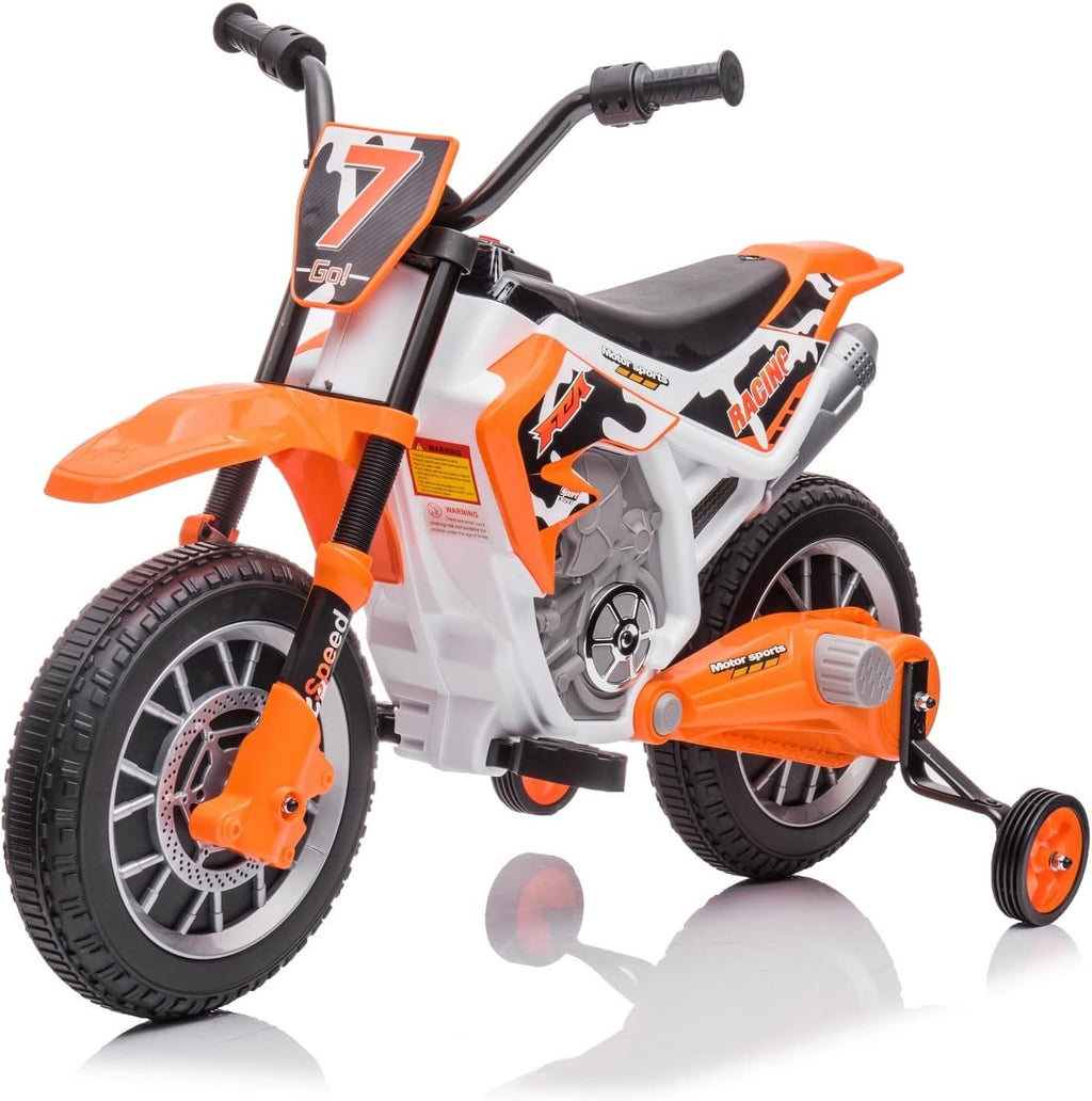 12V Ride On Motorcycle for Kids, Ride on VAR for Big Kids, Battery Powered Electric Dirt Bike Birthday Presents for Boys Girls Toddlers with Training Wheels 2 Speeds Music Player, Orange