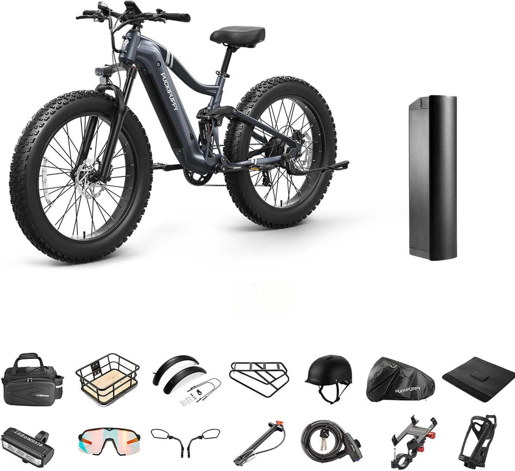 Battery+Luxury Gift Pack Boxer Electric Bike for Adults 960W, 48V 20AH Battery Ebike, Full Suspension 26' Fat Tire E Bike, 28MPH 80Miles Range Mountain Electric Bicycle, 7 Speed Hydraulic Disc Brakes
