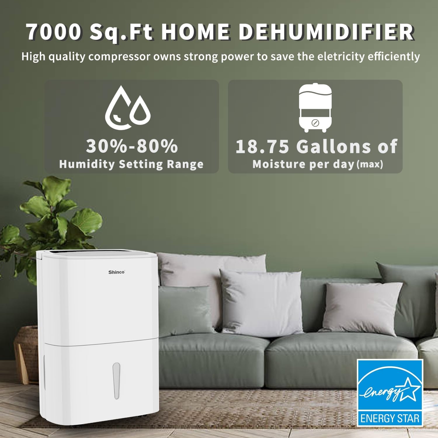 Shinco 7,000 Sq.Ft Energy Star Dehumidifier with Pump and WIFI, Ideal for Large Industrial Rooms and Home Basements, Efficient Moisture Removal and Humidity Control, 1.85 Gallons Water Tank