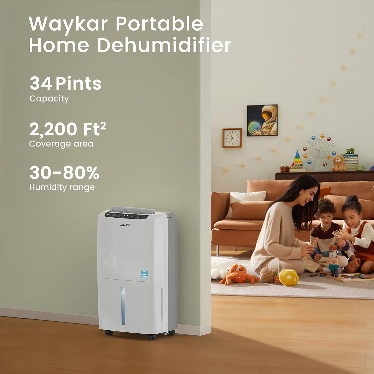 Waykar 34 Pints 2025 Most Efficient Energy Star Dehumidifier for up to 2200 Sq. Ft. for Home and Basement with Auto or Manual Drainage, Quiet 33dB Operation, 0.6 Gal Tank