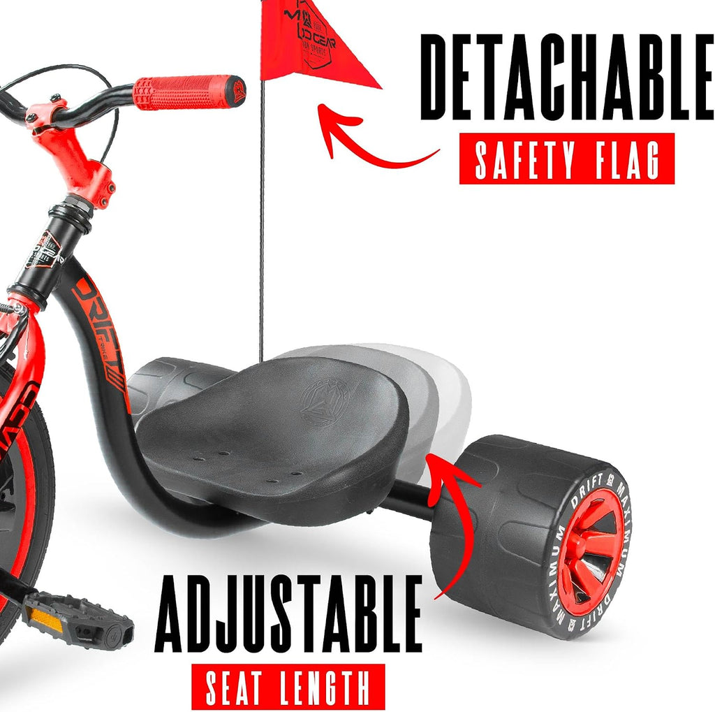 Drift Trike for Kids Ages 5+ – 16' Front Wheel Ride-On with Adjustable Seat, Steel Frame, Rear Slick Drift Wheels & Safety Flag – Madd Gear - (Black Red)