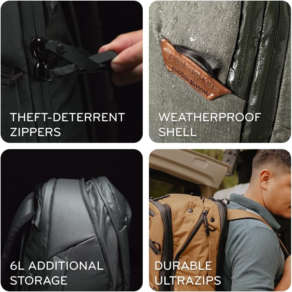 Peak Design Travel Backpack 45L, Black, Expandable 35-45L Design, Rear and Top Access, Weatherproof Shell, Laptop Sleeve, Ideal for Travel or Everyday Carry, Versatile Backpack for Men and Women