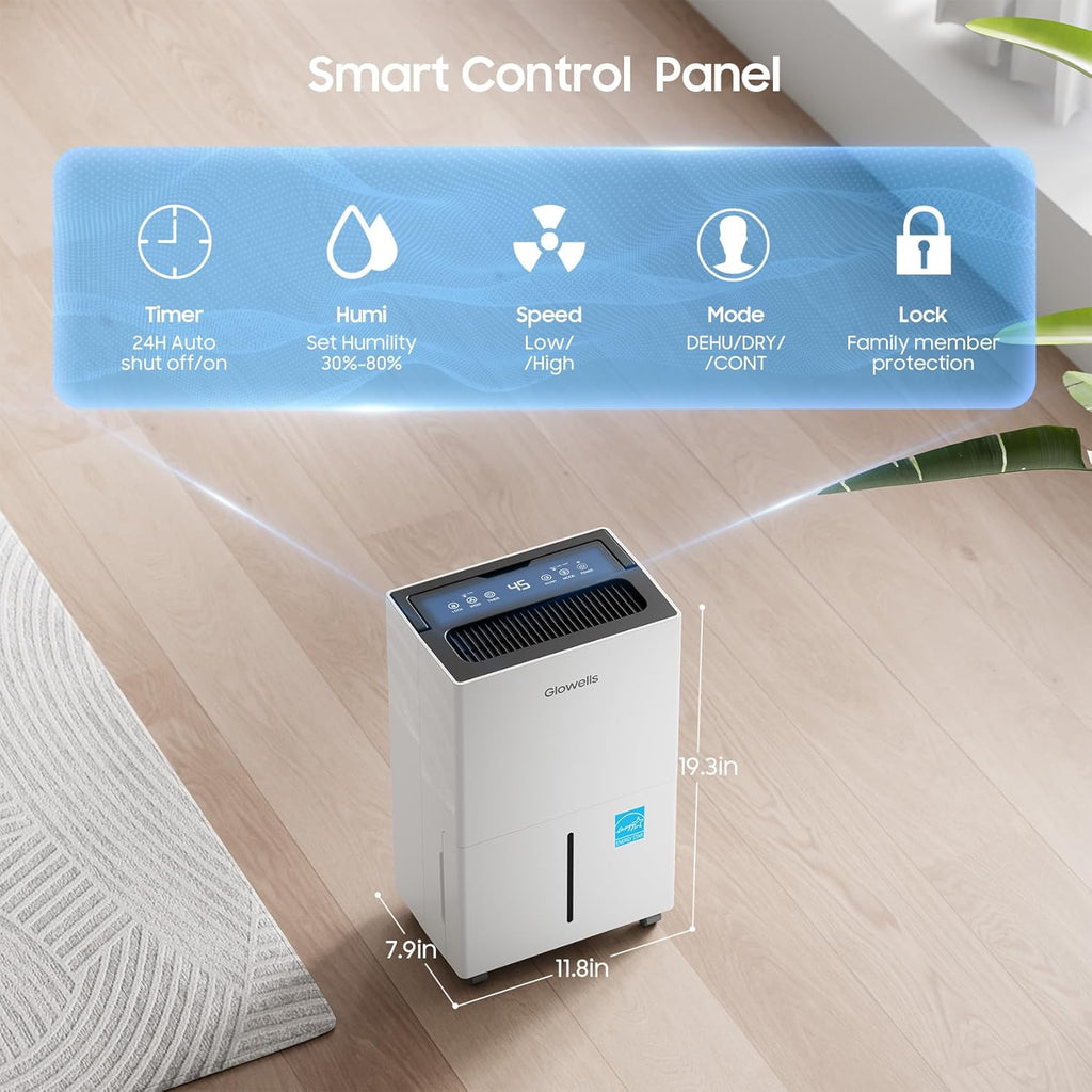 4500 Sq.ft Energy Star Dehumidifier for Home Basement, Glowells 52 Pints Large Room Dehumidifier with Drain Hose & Water Tank 0.58 Gal, Dehumidifiers with Smart Humidity Control, Auto Defrost