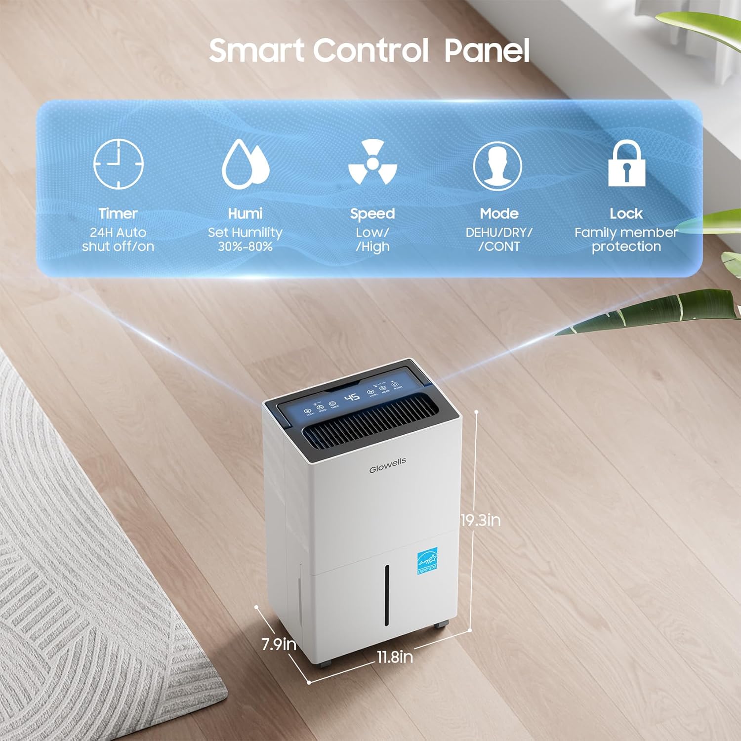 4500 Sq.ft Energy Star Dehumidifier for Home Basement, Glowells 52 Pints Large Room Dehumidifier with Drain Hose & Water Tank 0.58 Gal, Dehumidifiers with Smart Humidity Control, Auto Defrost