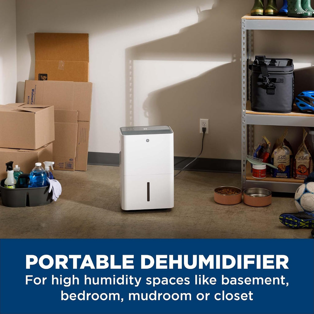 GE Energy Star Portable Dehumidifier for Basement, Bedroom, Bathroom, Closet or Small Rooms up to 1500 Sq Ft, 22 Pint with Removable Bucket and Continuous Drain Connect for Auto or Manual Drainage