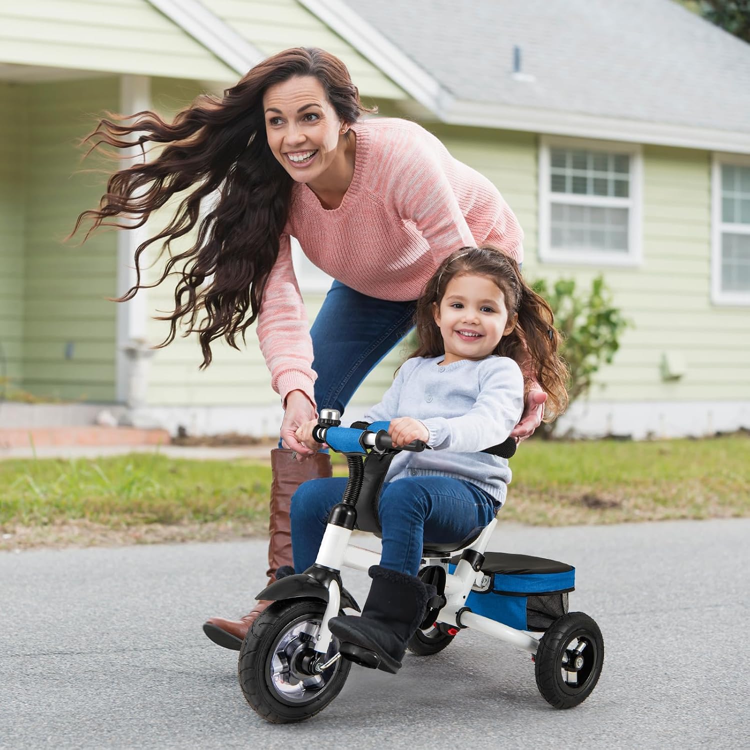 Costzon Tricycle, 5 in 1 Toddler Bike w/Foldable Push Handle, Rotatable Seat, EVA Wheel, Adjustable Canopy, Storage Basket & Bell, Trike for Kids 1-5 Years Old (Blue)