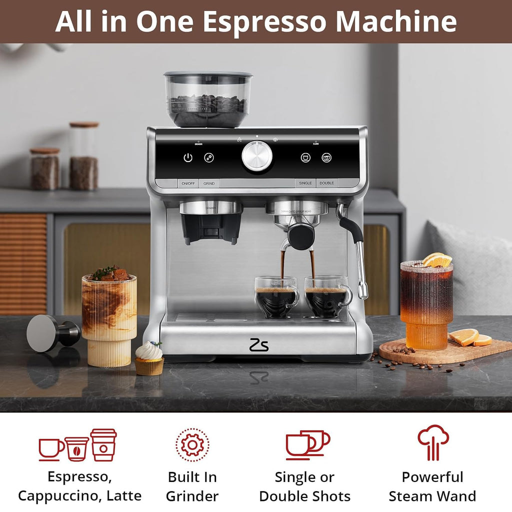 Garvee Espresso Machine With Grinder, Barista Express Espresso Machine, 20 Bar Expresso Coffee Machines with Milk Frother Steam Wand, Cappuccino & Latte Machine for Home, Silver