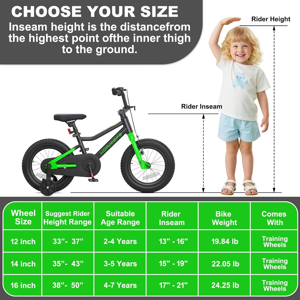 KORIMEFA Kids BMX Bike for 2-8 Years Old, 12 14 16 Inch Coaster Brake Bicycle with Removable Training Wheels, Children Bike for Little Boys & Girls, Rider Height 33-50 Inch