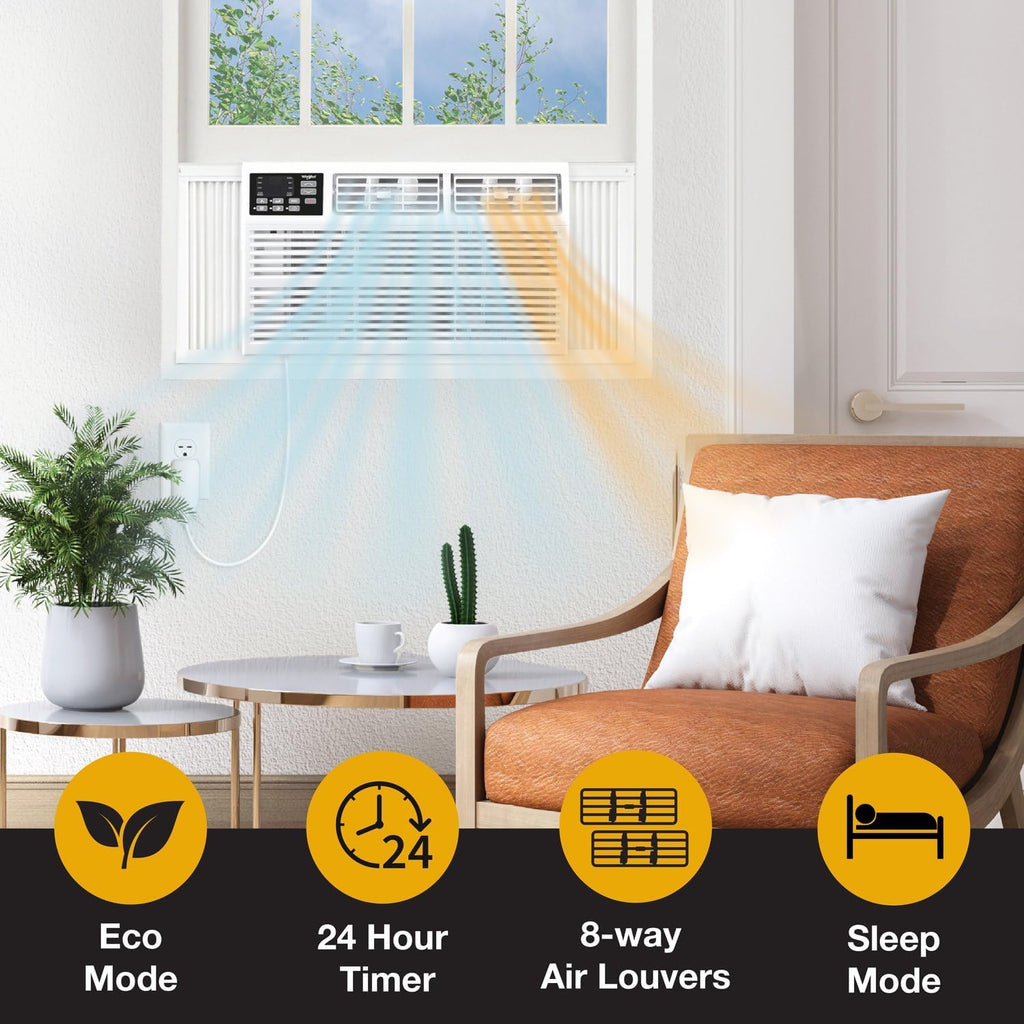 Whirlpool 12,000 BTU 230V Window Air Conditioner with Supplemental Heat, Window Mounted AC Unit with Heater for Apartment, Living Room, Bedroom, Rooms up to 550 Square Feet