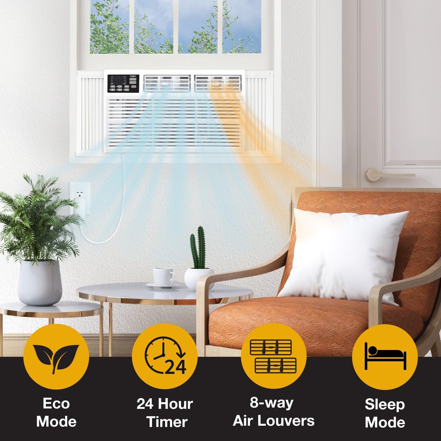 Whirlpool 12,000 BTU 230V Window Air Conditioner with Supplemental Heat, Window Mounted AC Unit with Heater for Apartment, Living Room, Bedroom, Rooms up to 550 Square Feet