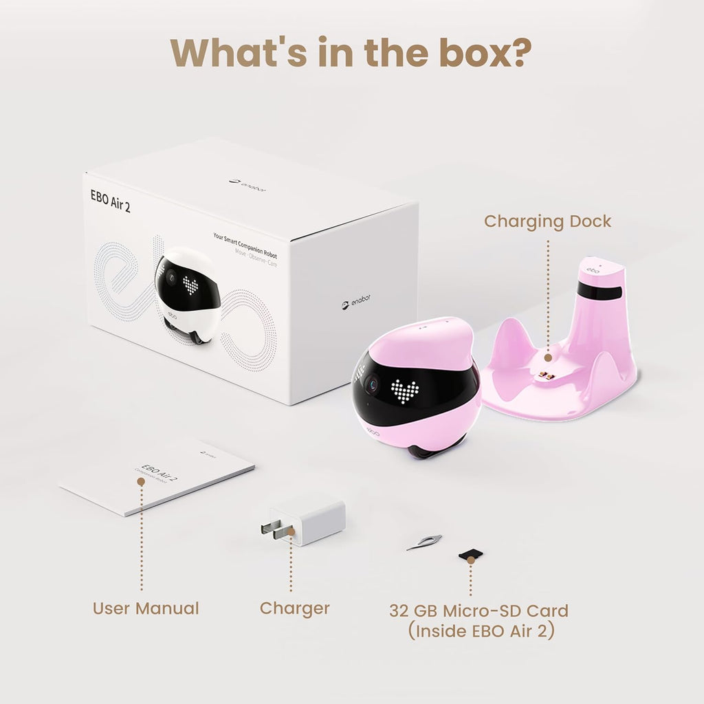 Enabot EBO Air 2 FamilyBot Indoor Security Camera Robot: 2K Pet Camera, Movable Home Robot, Custom Facial Expression, Auto-Recharge, Battery-Operated, 2-Way Talk, Night Vision(Robin Pink)