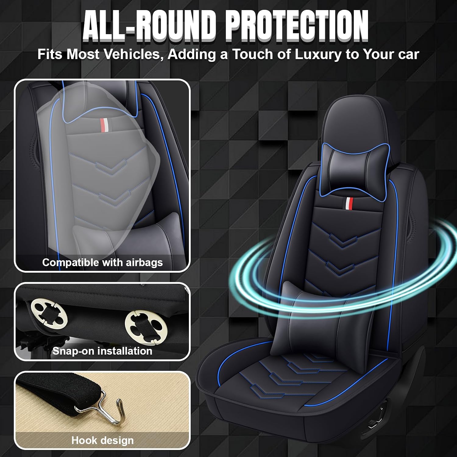 Car Seat Covers 7 Seats for Dodge Grand Caravan 2000-2020, Waterproof Durable Leather Vehicle Cushion Covers, Breathable Full Coverage Seat Protector(Luxury,Black Blue)