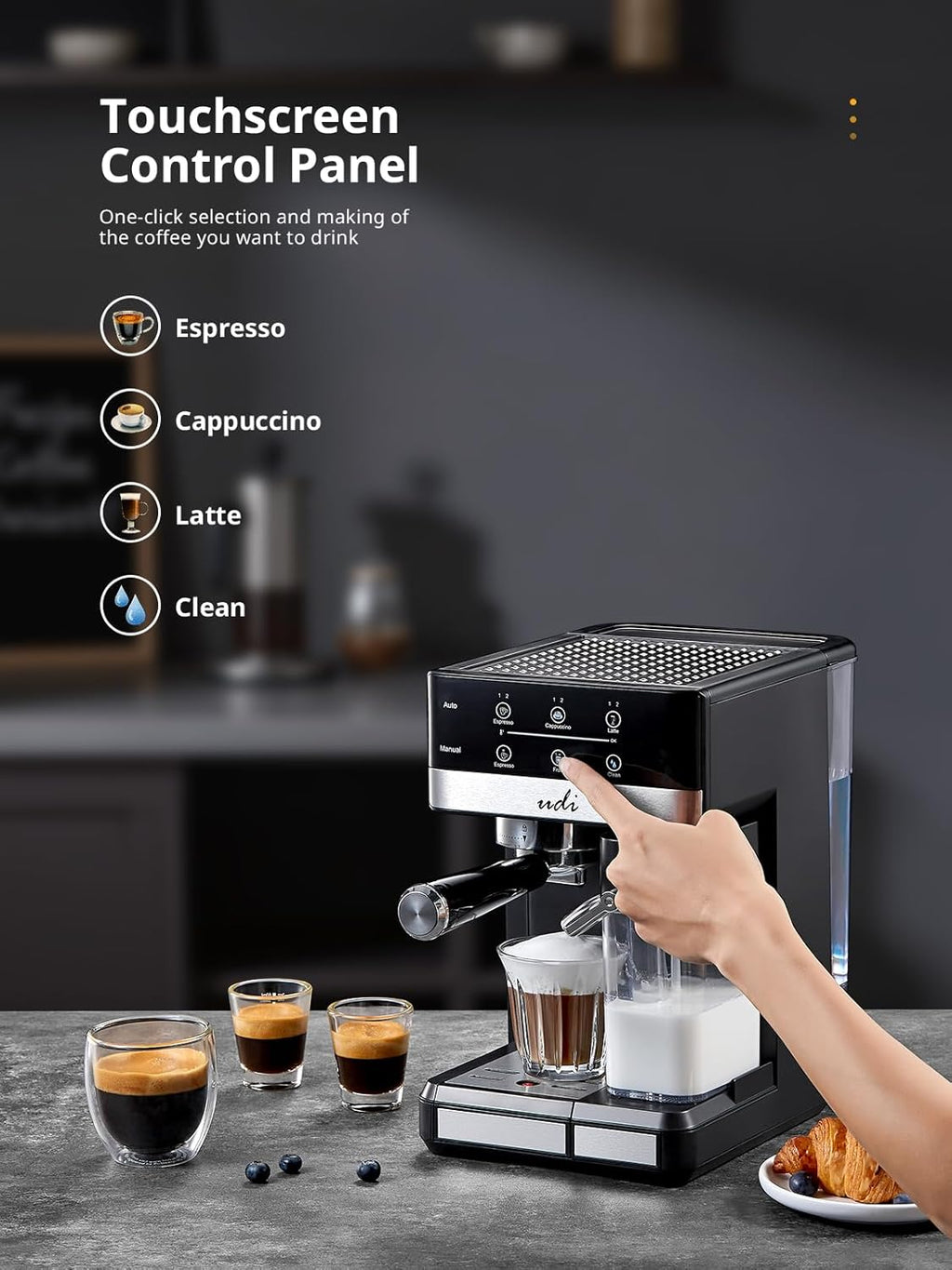 UDI Espresso Machine, 20 Bar Automatic Cappuccino & Latte Coffee Maker, Auto or Manual Quick Brew Dual Boiler, Touchscreen Espresso Maker (Black+Sliver)
